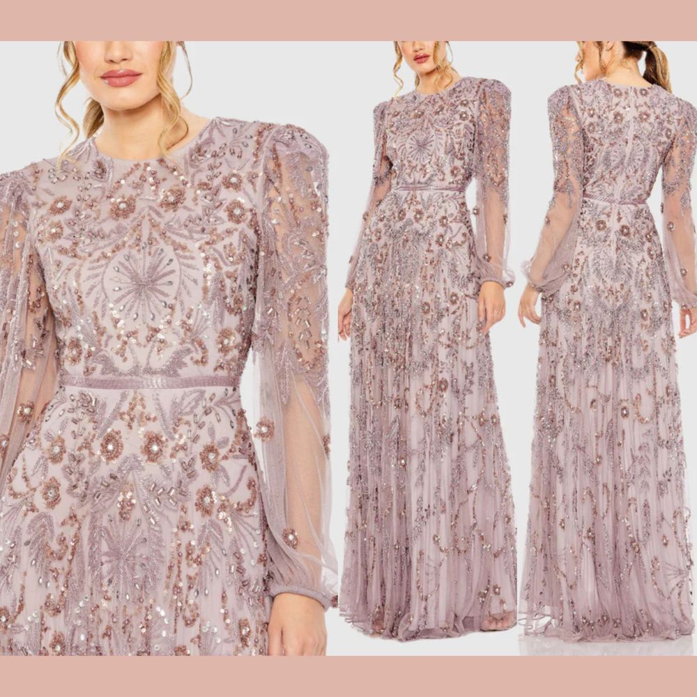 NEW MAC DUGGAL [ 12 ] 93930 Puff‎ Sleeve Embellished A Line Gown Heather